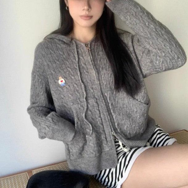 ポイントベアフード付きジッパーケーブルニット 6243-画像11-韓国ファッション通販POPREA［ポップリア］