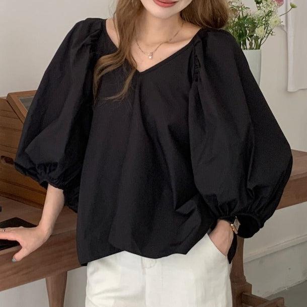 バルーンスリーブVネックブラウス 6018-画像11-韓国ファッション通販POPREA［ポップリア］