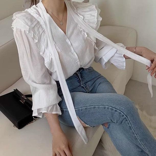 長袖Vネックフリルブラウス 6493-画像11-韓国ファッション通販POPREA［ポップリア］