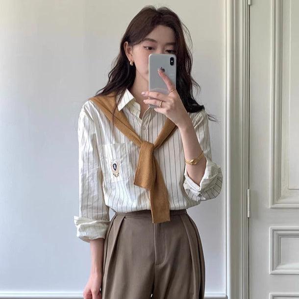 エンブレム刺繍ストライプシャツ 6177-画像12-韓国ファッション通販POPREA［ポップリア］