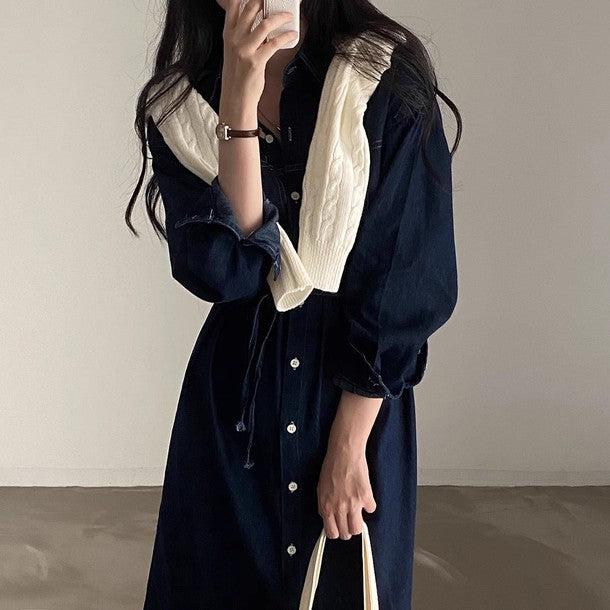 デニムリボンポケットロングワンピース 6472-画像12-韓国ファッション通販POPREA［ポップリア］