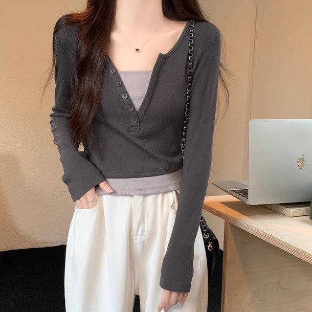 シンプルスリムクロップドロングスリーブTEE 6507-画像12-韓国ファッション通販POPREA［ポップリア］