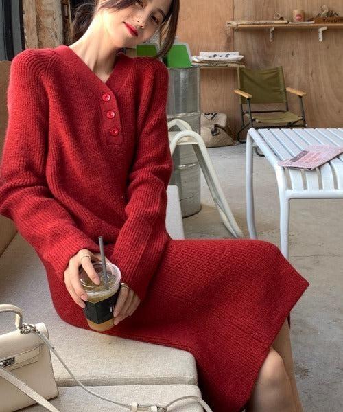 Vネックボタンリブニットワンピース 6334-画像12-韓国ファッション通販POPREA［ポップリア］