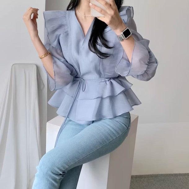 バブルスリーブフリルシフォンブラウス 6494-画像12-韓国ファッション通販POPREA［ポップリア］