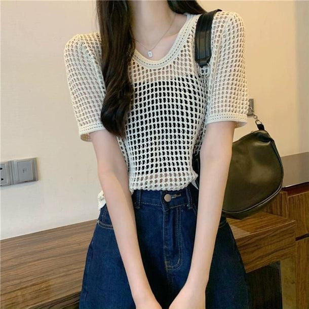 透かし編みクロップドサマーニット 6072-画像12-韓国ファッション通販POPREA［ポップリア］