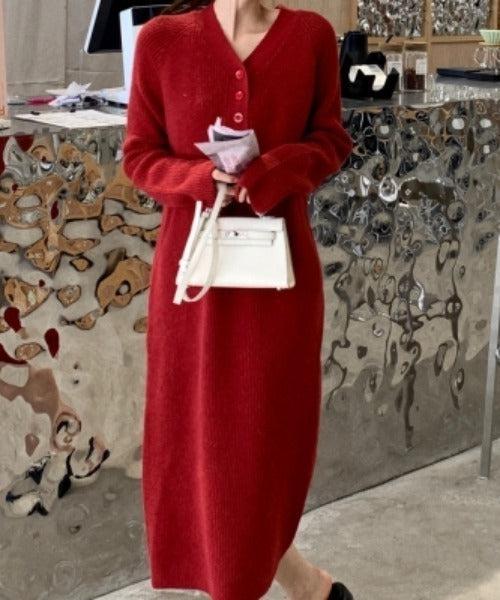 Vネックボタンリブニットワンピース 6334-画像13-韓国ファッション通販POPREA［ポップリア］