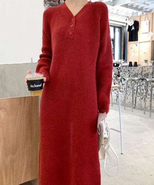 Vネックボタンリブニットワンピース 6334-画像14-韓国ファッション通販POPREA［ポップリア］