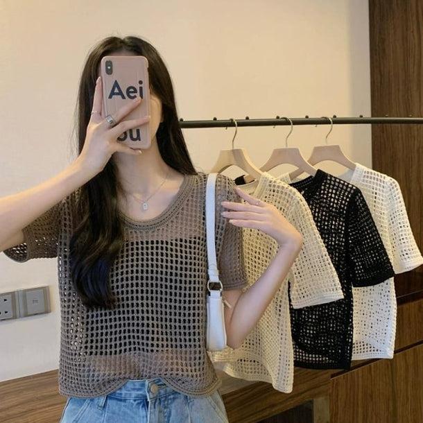 透かし編みクロップドサマーニット 6072-画像14-韓国ファッション通販POPREA［ポップリア］