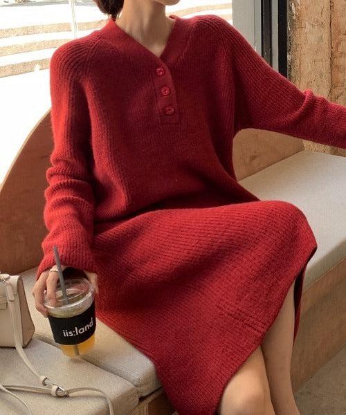 Vネックボタンリブニットワンピース 6334-画像15-韓国ファッション通販POPREA［ポップリア］