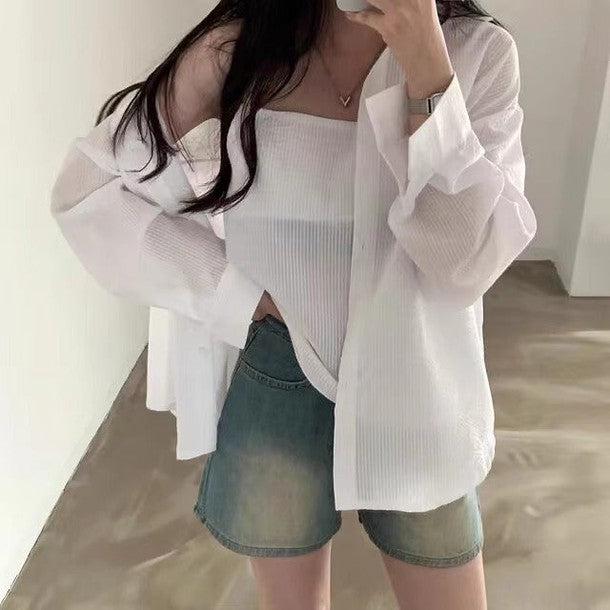 シアサッカーストライプルーズシャツ&キャミソール 6483-画像16-韓国ファッション通販POPREA［ポップリア］