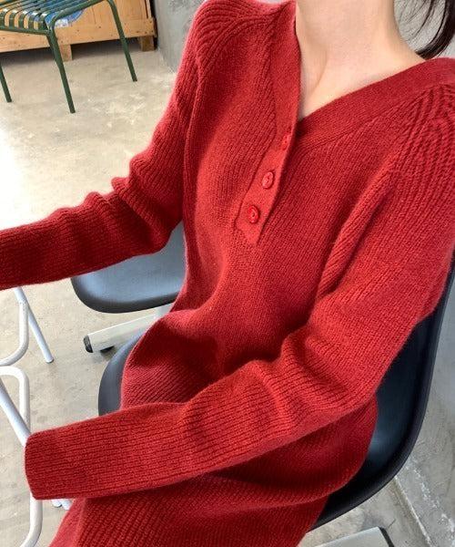 Vネックボタンリブニットワンピース 6334-画像17-韓国ファッション通販POPREA［ポップリア］