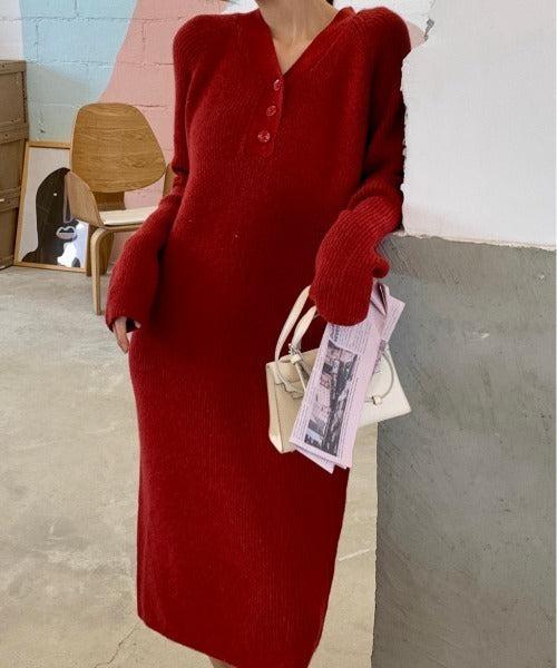 Vネックボタンリブニットワンピース 6334-画像19-韓国ファッション通販POPREA［ポップリア］