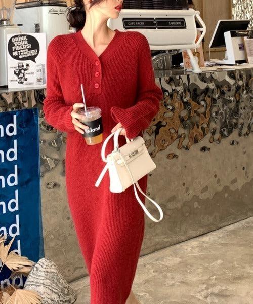 Vネックボタンリブニットワンピース 6334-画像20-韓国ファッション通販POPREA［ポップリア］