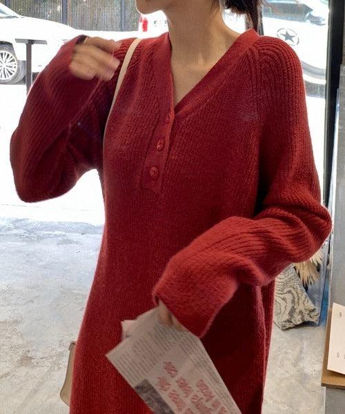 Vネックボタンリブニットワンピース 6334-画像22-韓国ファッション通販POPREA［ポップリア］