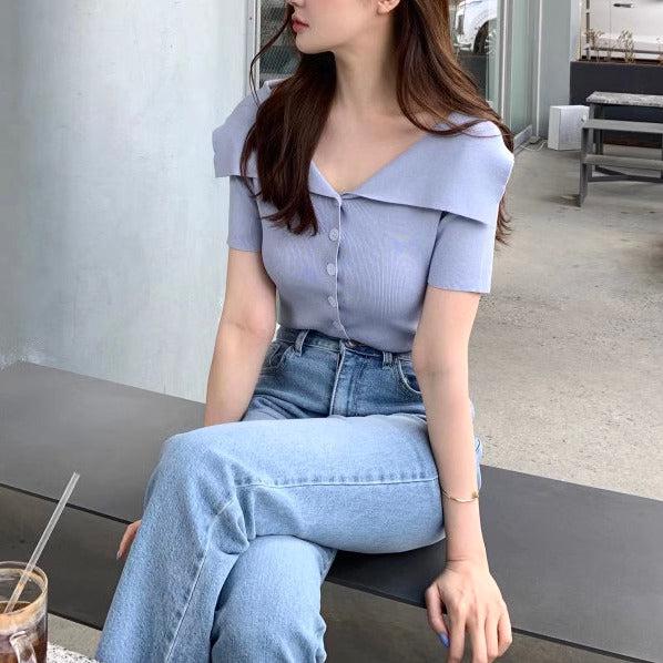 セーラーカラーオフショルトップス 6008-画像2-韓国ファッション通販POPREA［ポップリア］