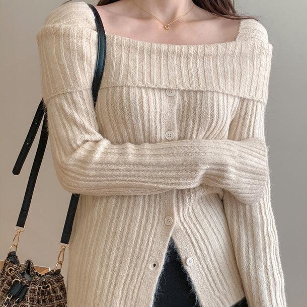 オフショルダーロングスリーブタイトリブニット﻿ 6152-画像2-韓国ファッション通販POPREA［ポップリア］