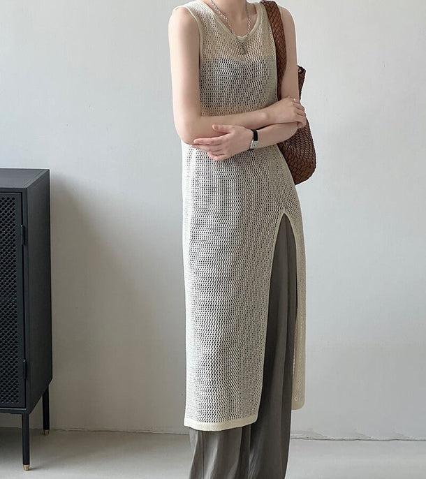 透かし編みノースリーブロングニット 6073-画像2-韓国ファッション通販POPREA［ポップリア］