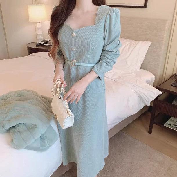 ハートネックフェイクビジューボタンワンピース 6458-画像2-韓国ファッション通販POPREA［ポップリア］