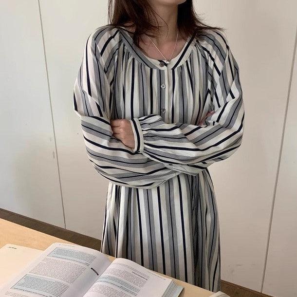 ラウンドネックストライプワンピース ﻿ 6532-画像2-韓国ファッション通販POPREA［ポップリア］