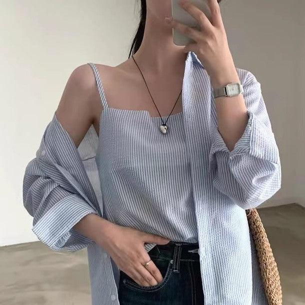 シアサッカーストライプルーズシャツ&キャミソール 6483-画像2-韓国ファッション通販POPREA［ポップリア］