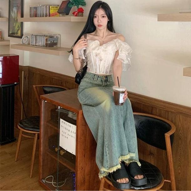 オフショルダーフリルブラウス 6074-画像2-韓国ファッション通販POPREA［ポップリア］