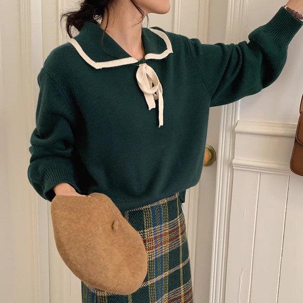 ワイドネックカラーリボンニット 6235-画像2-韓国ファッション通販POPREA［ポップリア］