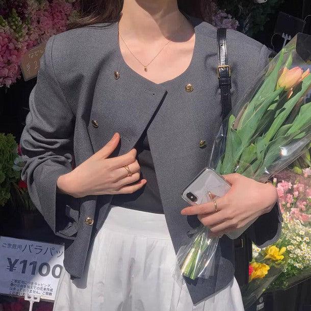 ダブルボタンノーカラージャケット﻿﻿ 6219-画像2-韓国ファッション通販POPREA［ポップリア］