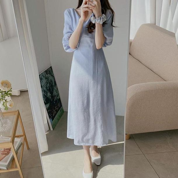 パフスリーブプレーンワンピース﻿﻿ 6649-画像2-韓国ファッション通販POPREA［ポップリア］