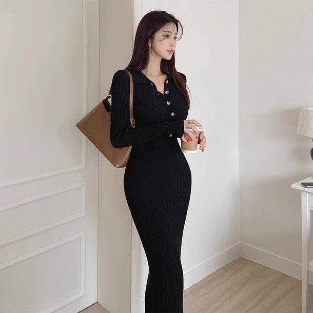 ハーフボタンタイトリブニットワンピース 6323-画像2-韓国ファッション通販POPREA［ポップリア］