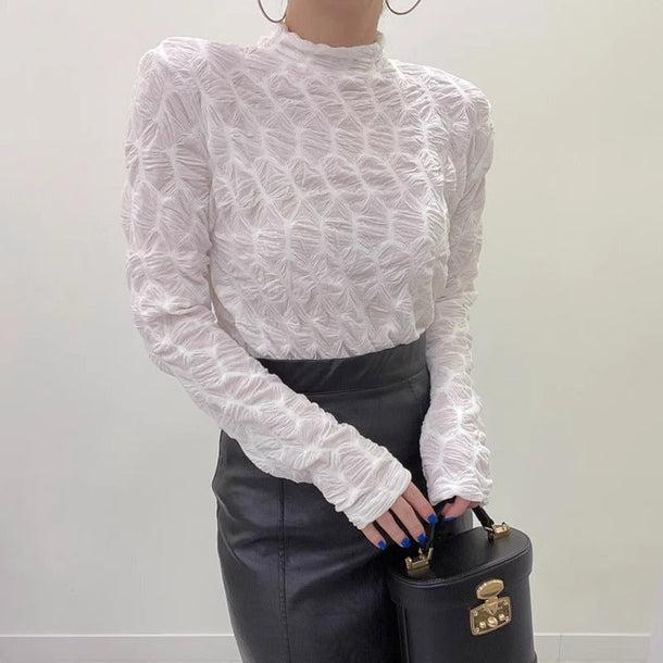 ウェーブパターンシアーハイネックトップス 6159-画像2-韓国ファッション通販POPREA［ポップリア］