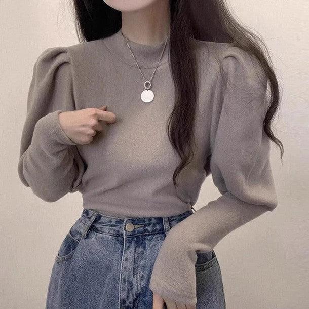 パフスリーブボトルネックニットトップス 6329-画像2-韓国ファッション通販POPREA［ポップリア］