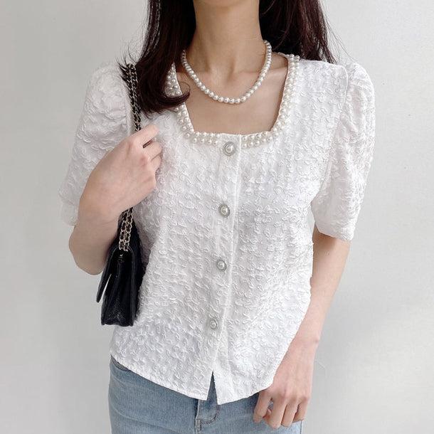 スクエアカラーパールパフスリーブシャツ 5994-画像2-韓国ファッション通販POPREA［ポップリア］