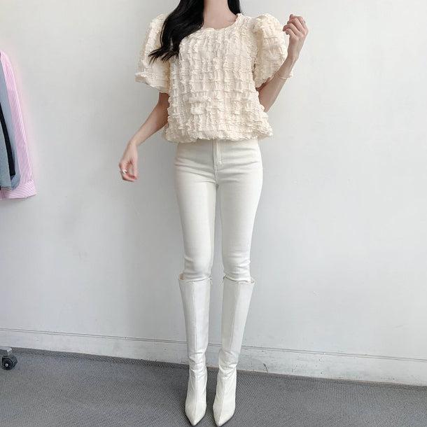 フレンチニッチラウンドネックパフスリーブシャツ 5997-画像2-韓国ファッション通販POPREA［ポップリア］