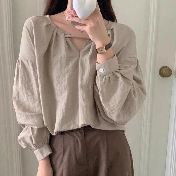 Vネックベーシック長袖ブラウス﻿ 6229-画像2-韓国ファッション通販POPREA［ポップリア］