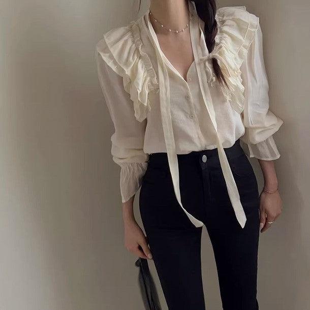長袖Vネックフリルブラウス 6493-画像2-韓国ファッション通販POPREA［ポップリア］