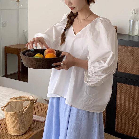 バルーンスリーブVネックブラウス 6018-画像2-韓国ファッション通販POPREA［ポップリア］