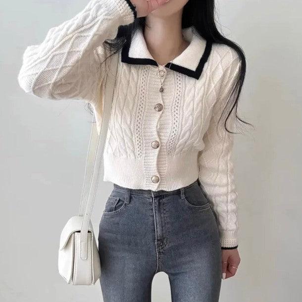 バイカラーショートニットカーディガン 6424-画像2-韓国ファッション通販POPREA［ポップリア］