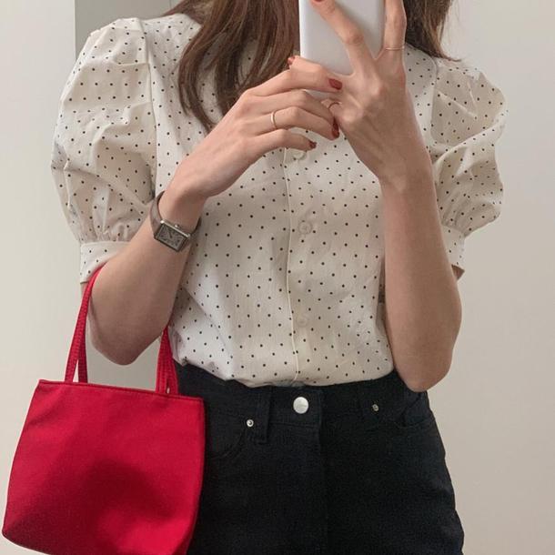 2WAY半袖ドットブラウス﻿ 6642-画像2-韓国ファッション通販POPREA［ポップリア］