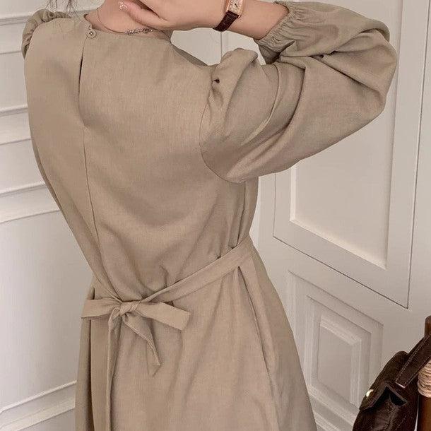 ベルト付きフロントタックロングワンピース﻿ 6224-画像2-韓国ファッション通販POPREA［ポップリア］