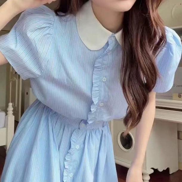 ストライプフリルボタンシャツ＆スカート 6125-画像2-韓国ファッション通販POPREA［ポップリア］