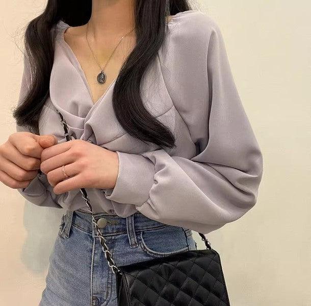 Vネックカシュクールブラウス 6480-画像2-韓国ファッション通販POPREA［ポップリア］