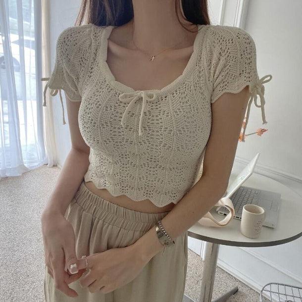 かぎ編みショートサマーニット﻿ 6081-画像2-韓国ファッション通販POPREA［ポップリア］