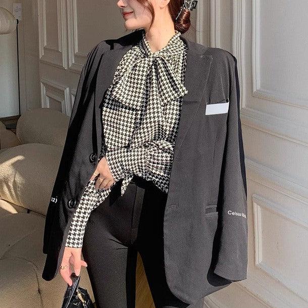 千鳥柄ボウタイブラウス 6292-画像2-韓国ファッション通販POPREA［ポップリア］