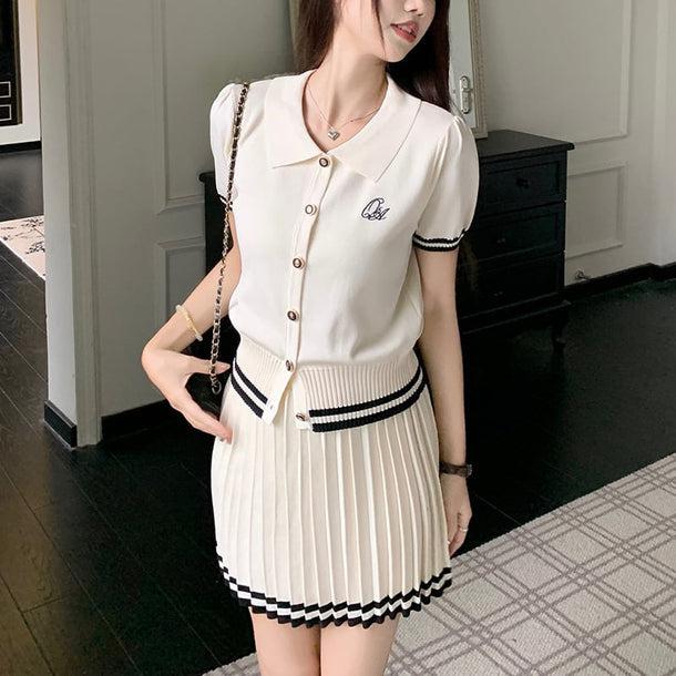 POLOニット＆ショートプリーツニットスカート﻿ 6109-画像2-韓国ファッション通販POPREA［ポップリア］