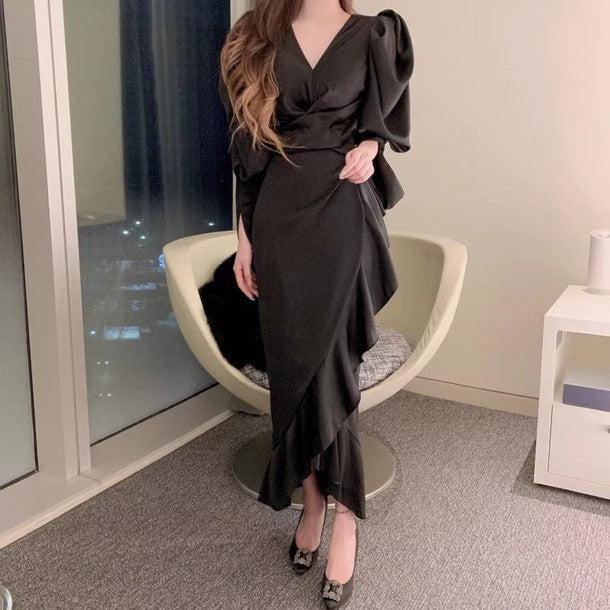 Vネックマーメイドフリルドレス 6449-画像2-韓国ファッション通販POPREA［ポップリア］