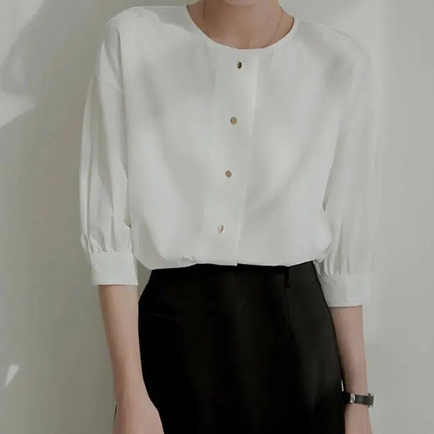 ゴールドボタン七分袖ブラウス﻿﻿ 6049-画像2-韓国ファッション通販POPREA［ポップリア］