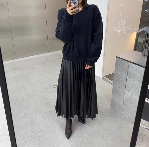 トレーナー&プリーツスカートドッキングドレス 6194-画像2-韓国ファッション通販POPREA［ポップリア］