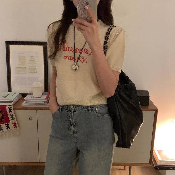 刺繍ロゴパフスリーブニット 6135-画像2-韓国ファッション通販POPREA［ポップリア］