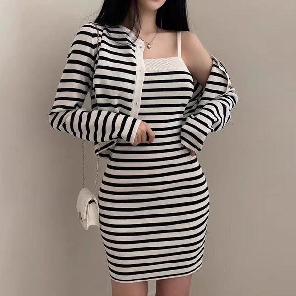 ボーダーキャミタイトワンピース＆カーディガン﻿ 6132-画像2-韓国ファッション通販POPREA［ポップリア］