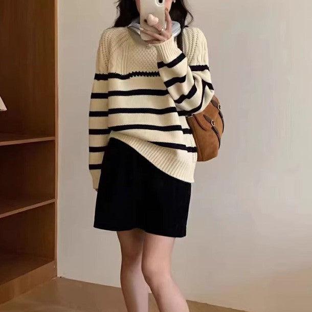 ケーブルボーダーラグランニット 6330-画像2-韓国ファッション通販POPREA［ポップリア］